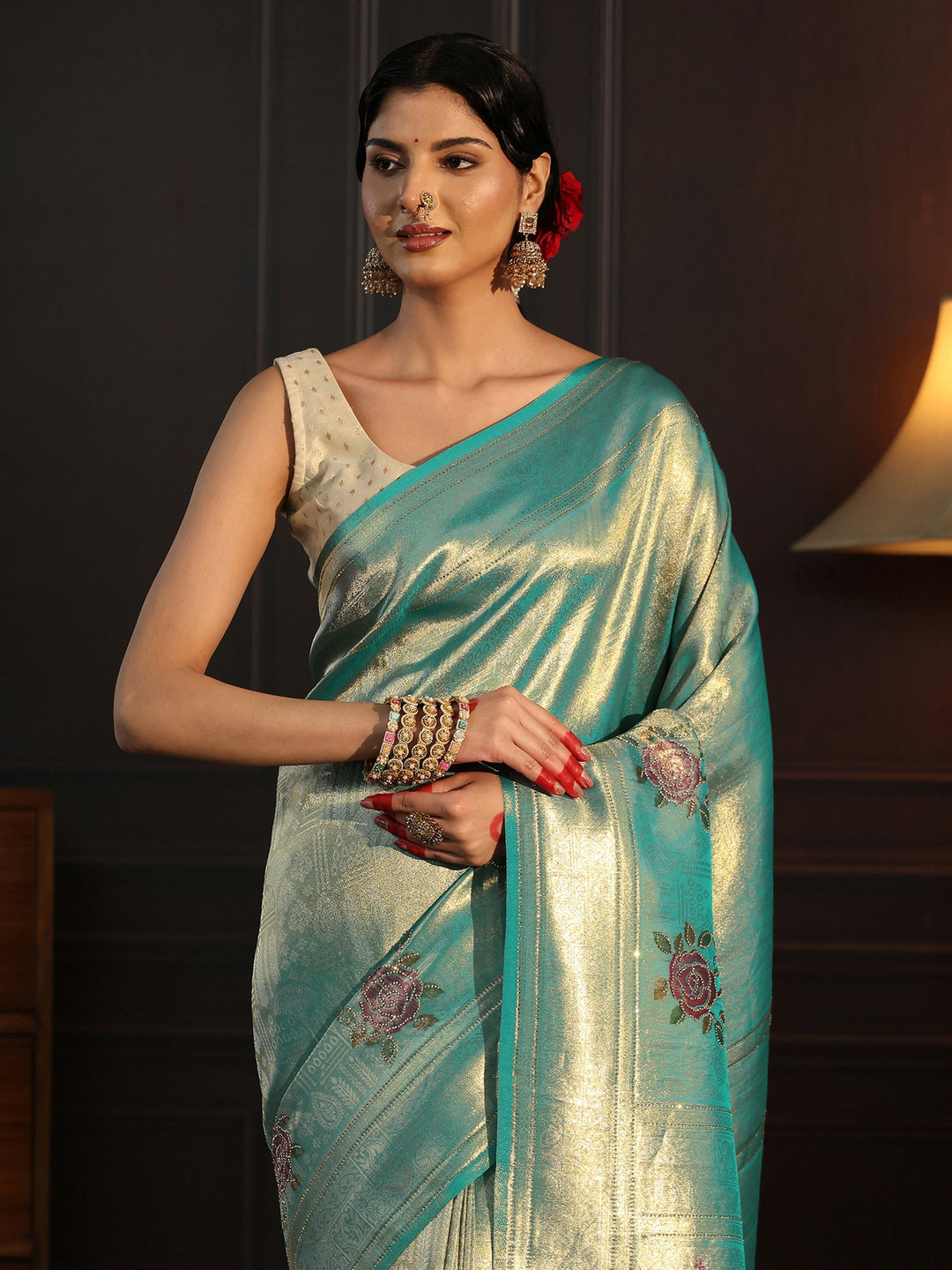 Libas Aqua Blue Banarasi Silk Saree with Floral Stone Work