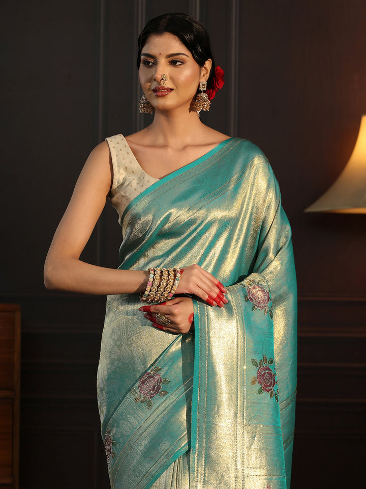 Libas Aqua Blue Banarasi Silk Saree with Floral Stone Work