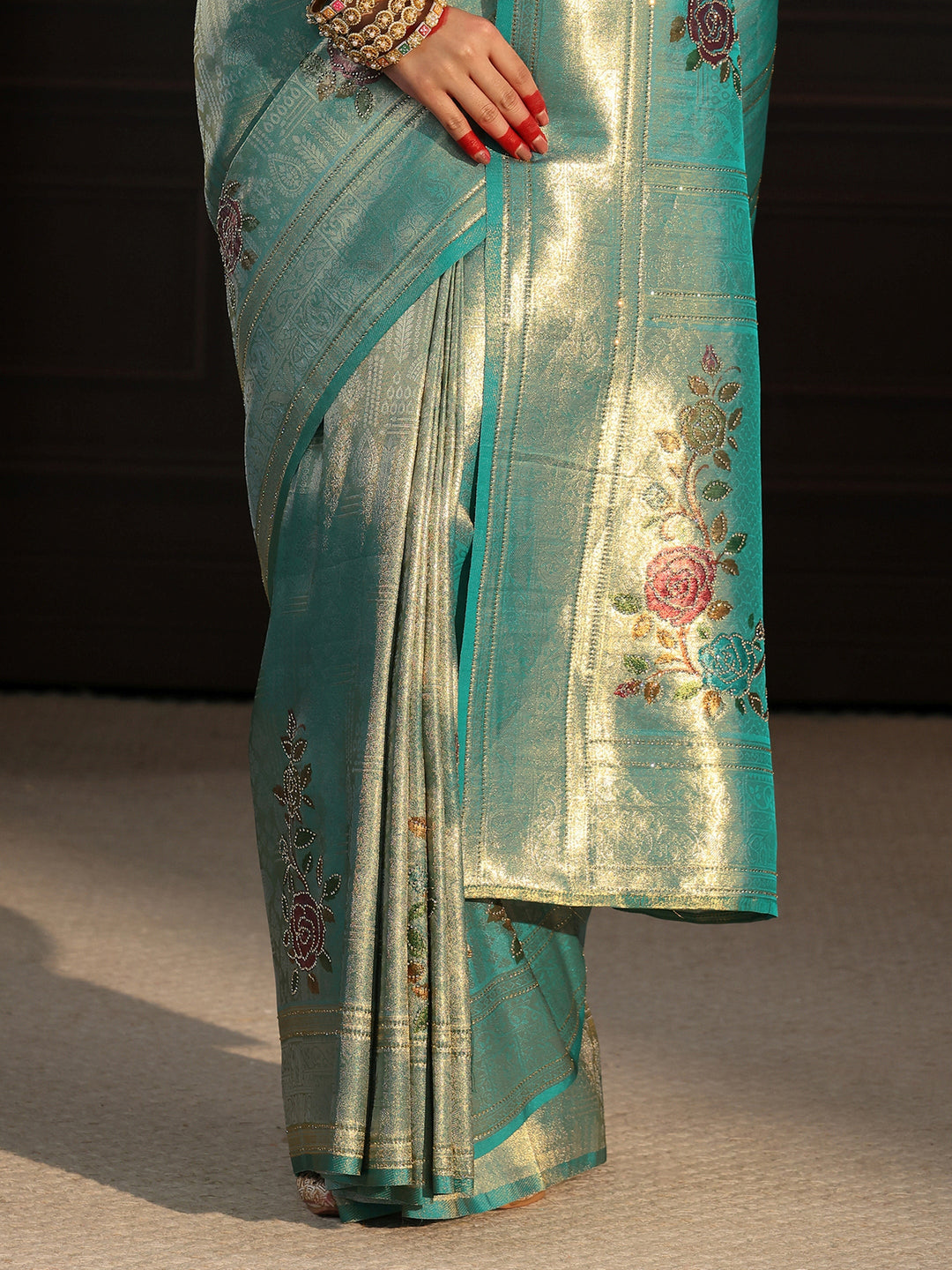 Libas Aqua Blue Banarasi Silk Saree with Floral Stone Work