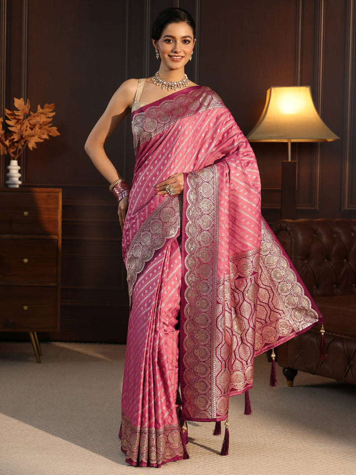 Libas Peach Woven Design Silk Blend Tassel Saree