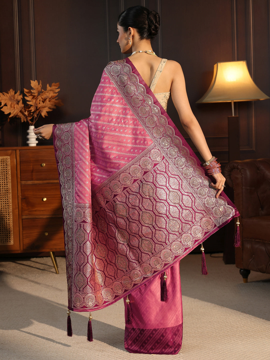 Libas Peach Woven Design Silk Blend Tassel Saree