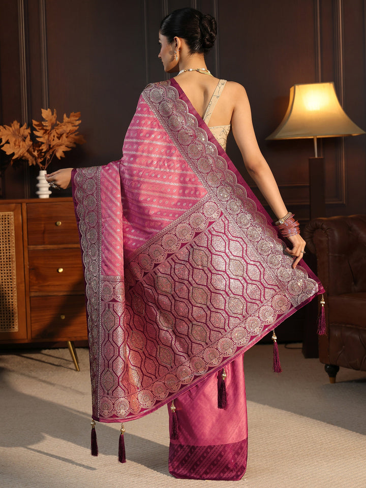 Libas Peach Woven Design Silk Blend Tassel Saree