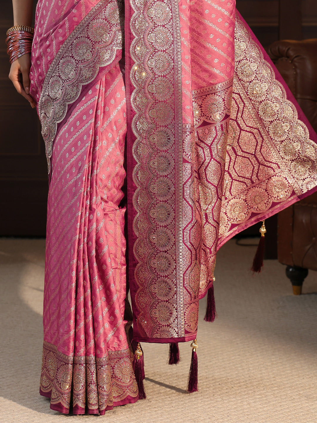 Libas Peach Woven Design Silk Blend Tassel Saree