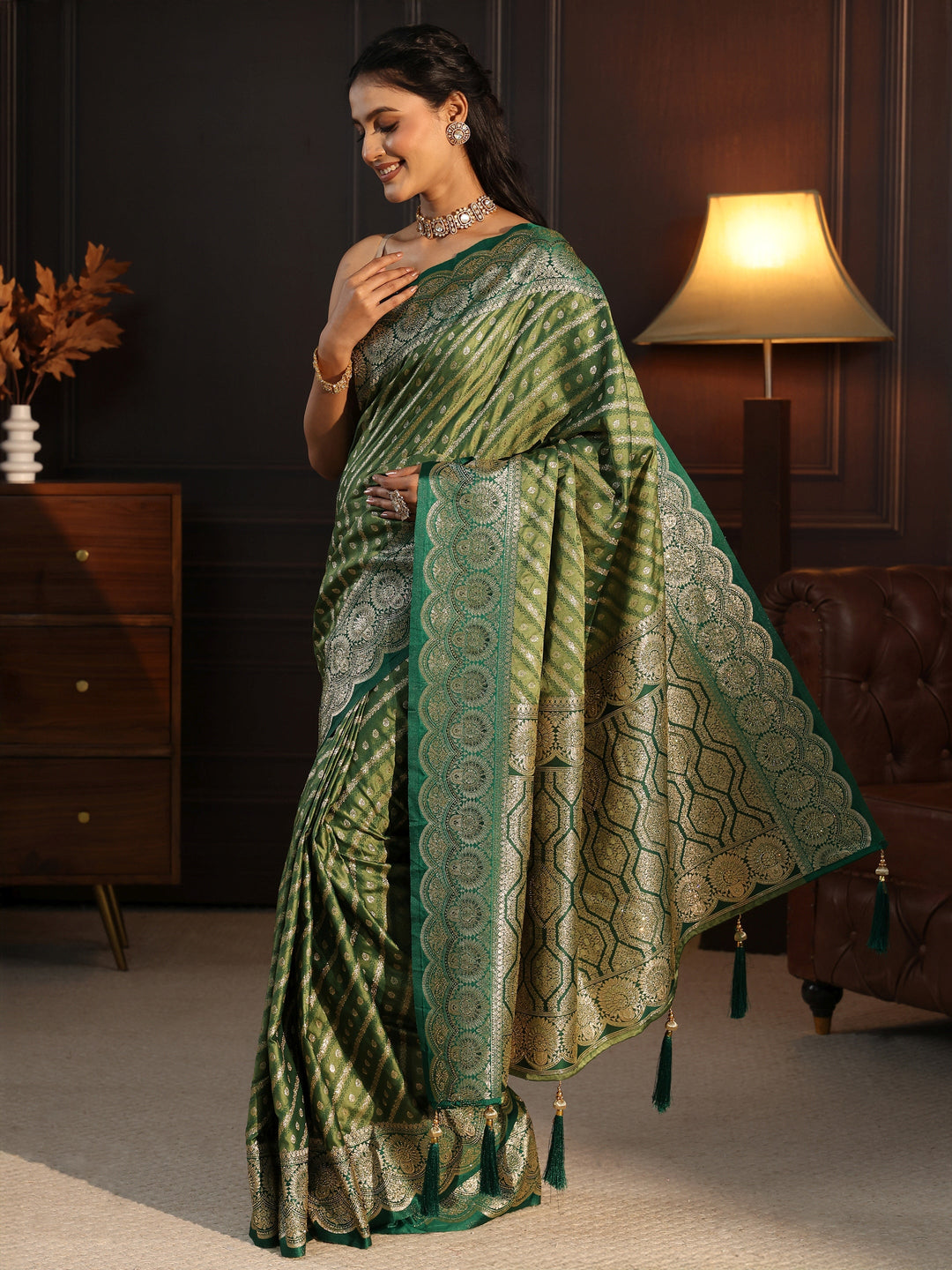 Libas Green Woven Design Silk Blend Tassel Saree
