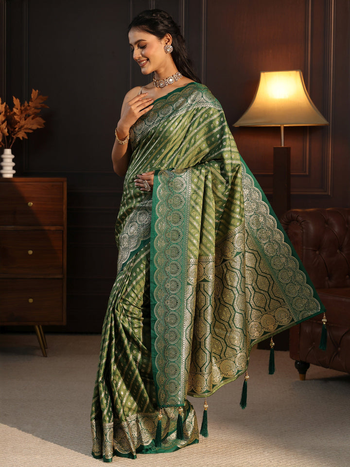Libas Green Woven Design Silk Blend Tassel Saree