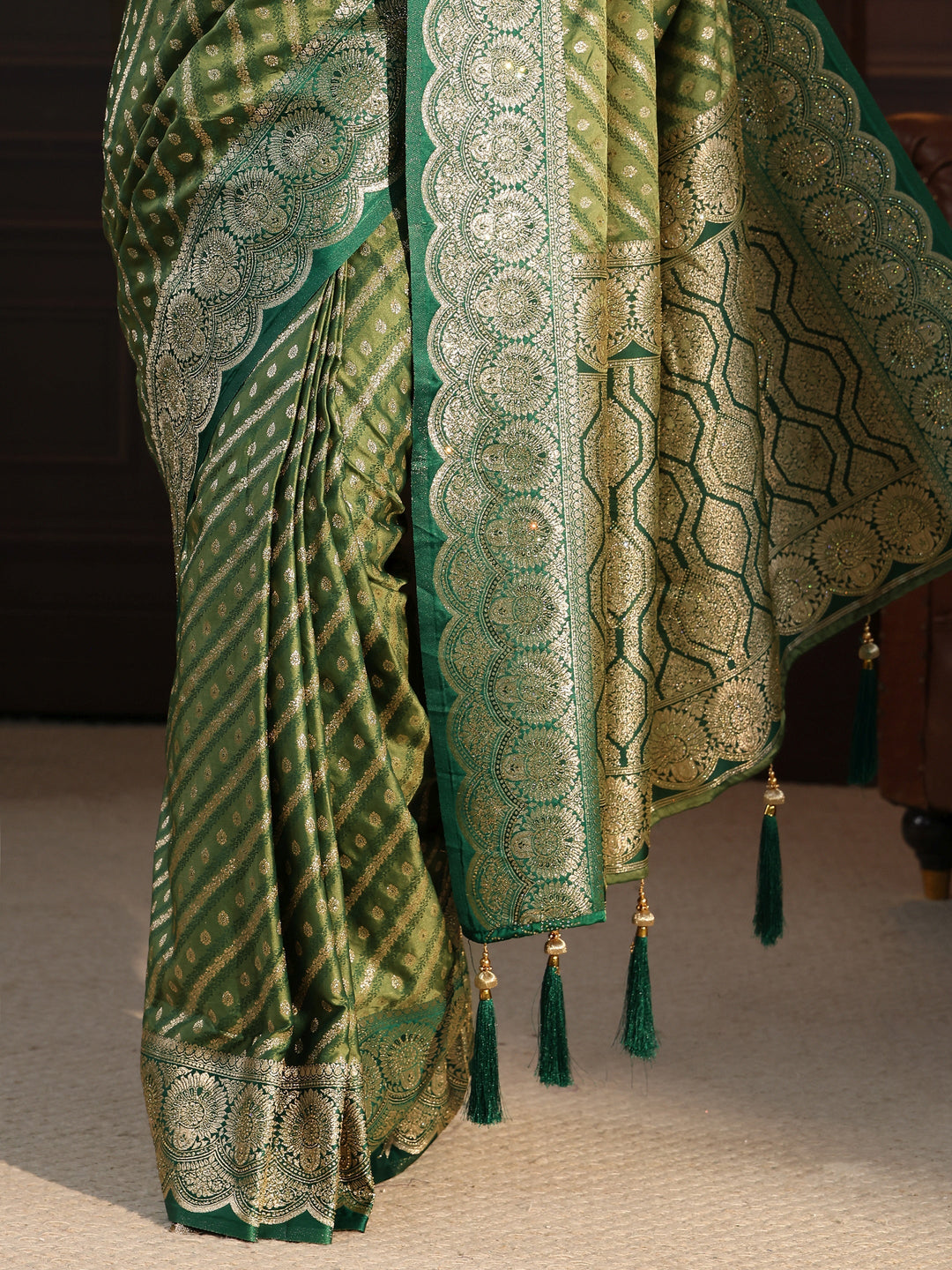 Libas Green Woven Design Silk Blend Tassel Saree