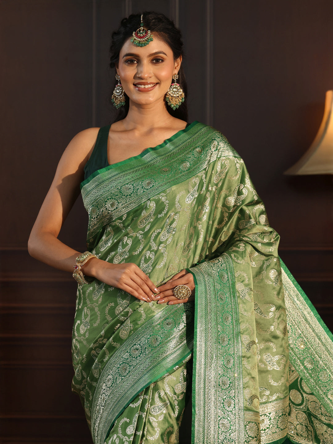 Libas Green Paisley Woven Design Satin Tassel Saree