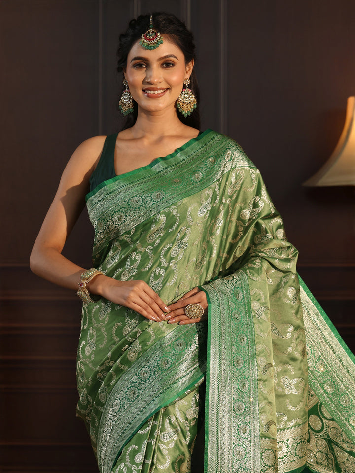 Libas Green Paisley Woven Design Satin Tassel Saree