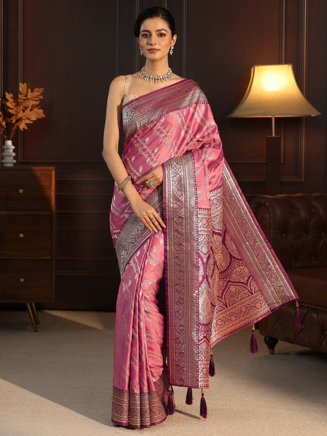 Libas Pink Woven Design Satin Tassel Saree
