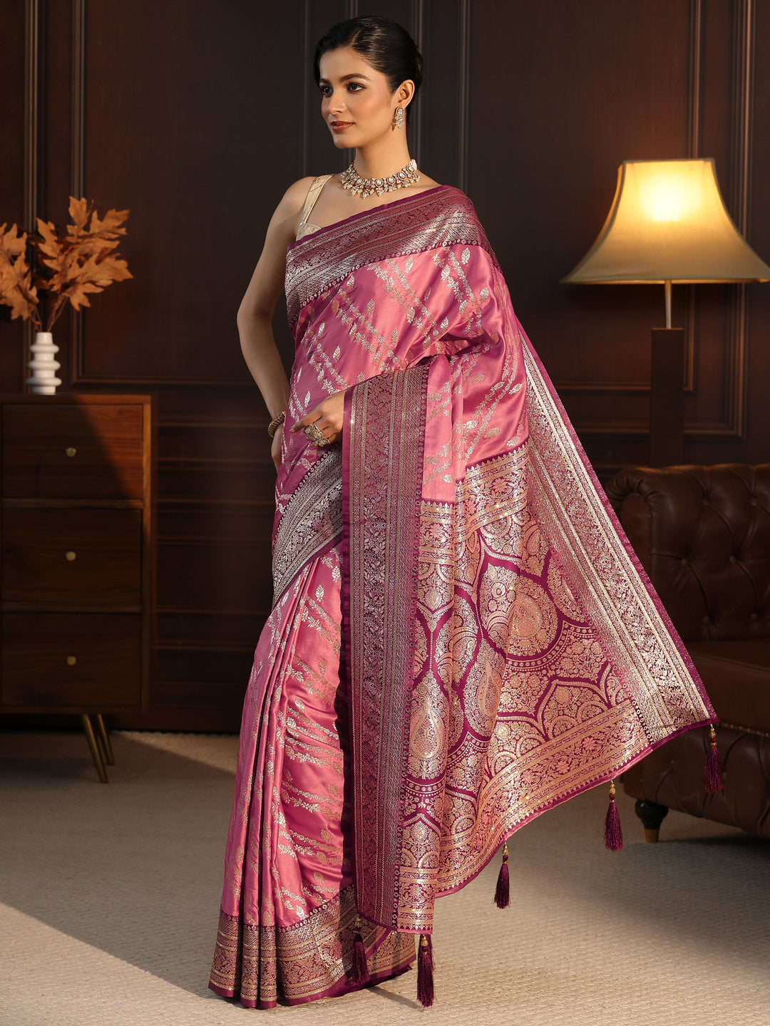 Libas Pink Woven Design Satin Tassel Saree