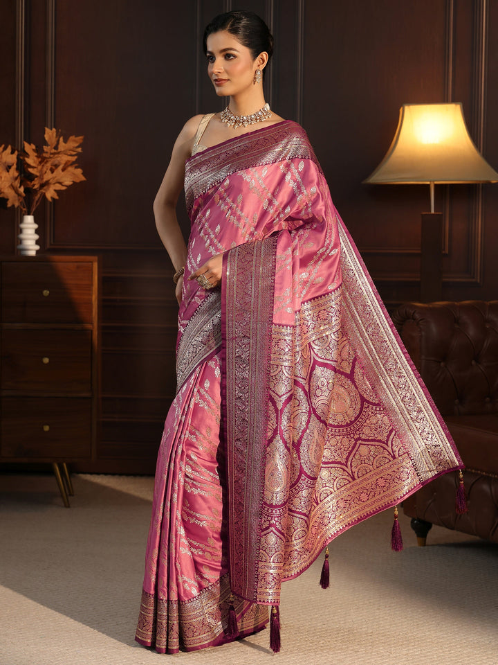 Libas Pink Woven Design Satin Tassel Saree