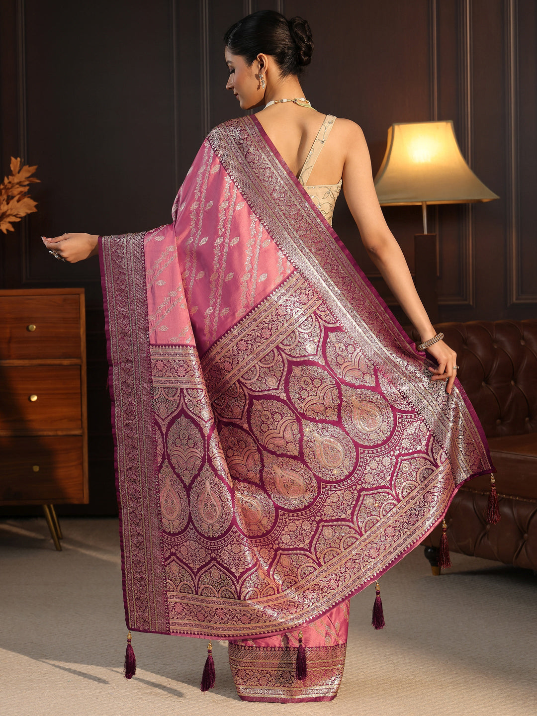 Libas Pink Woven Design Satin Tassel Saree