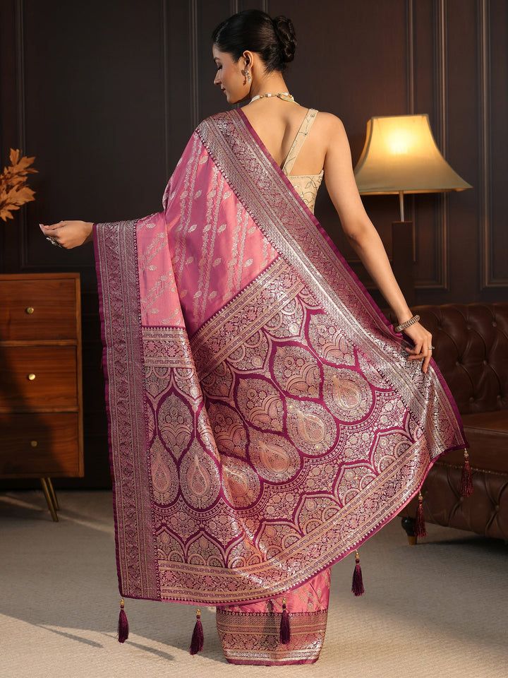 Libas Pink Woven Design Satin Tassel Saree
