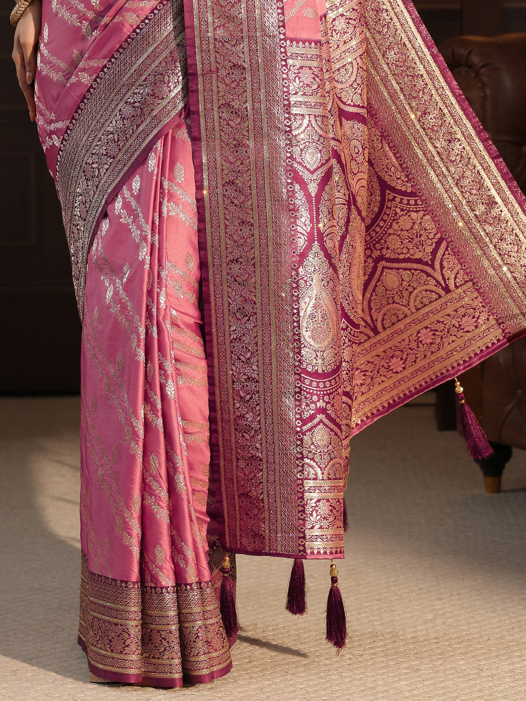 Libas Pink Woven Design Satin Tassel Saree