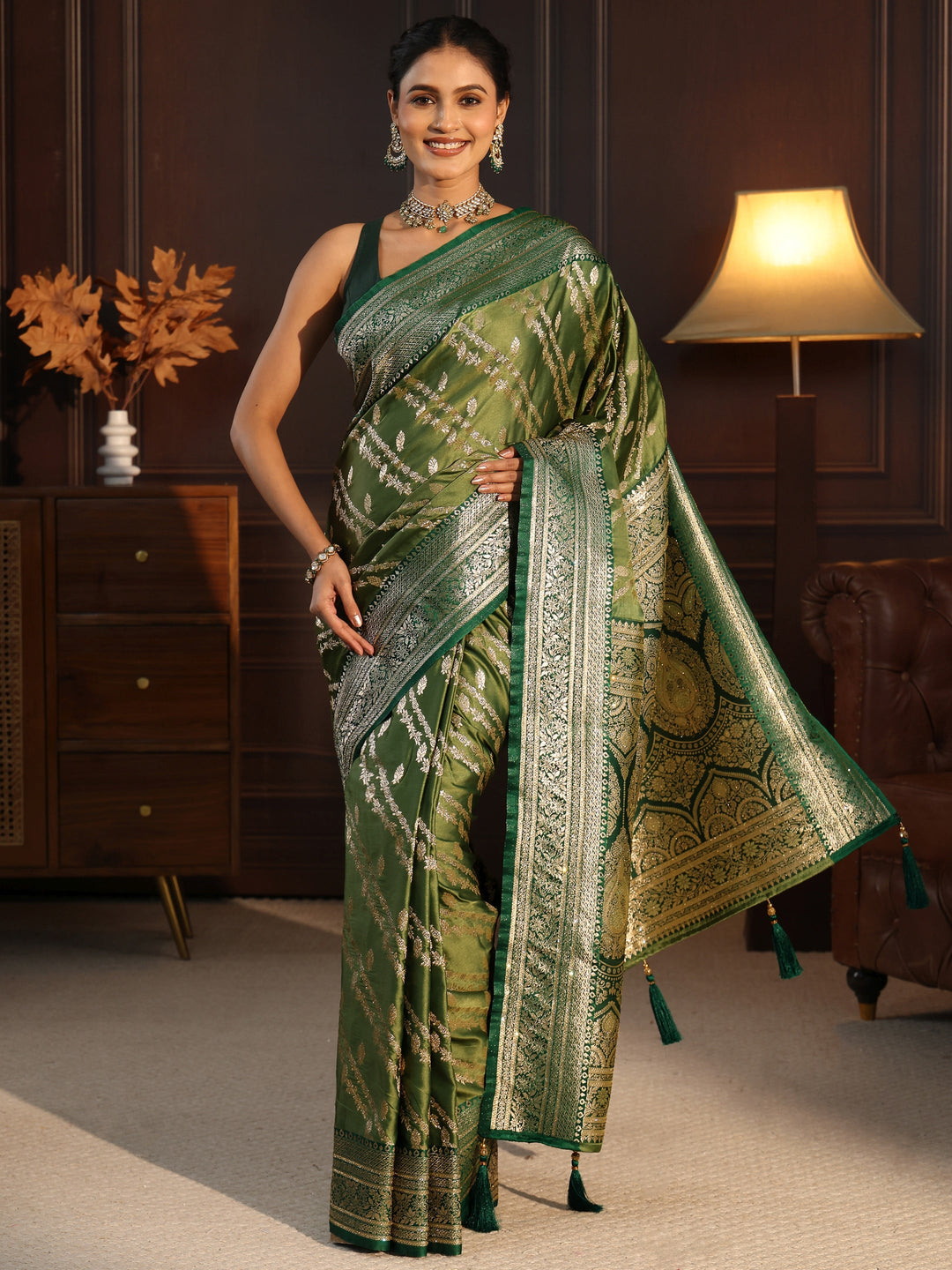 Libas Green Ethnic Woven Design Satin Saree with Stone Work