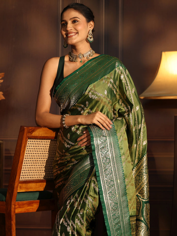 Libas Green Ethnic Woven Design Satin Saree with Stone Work