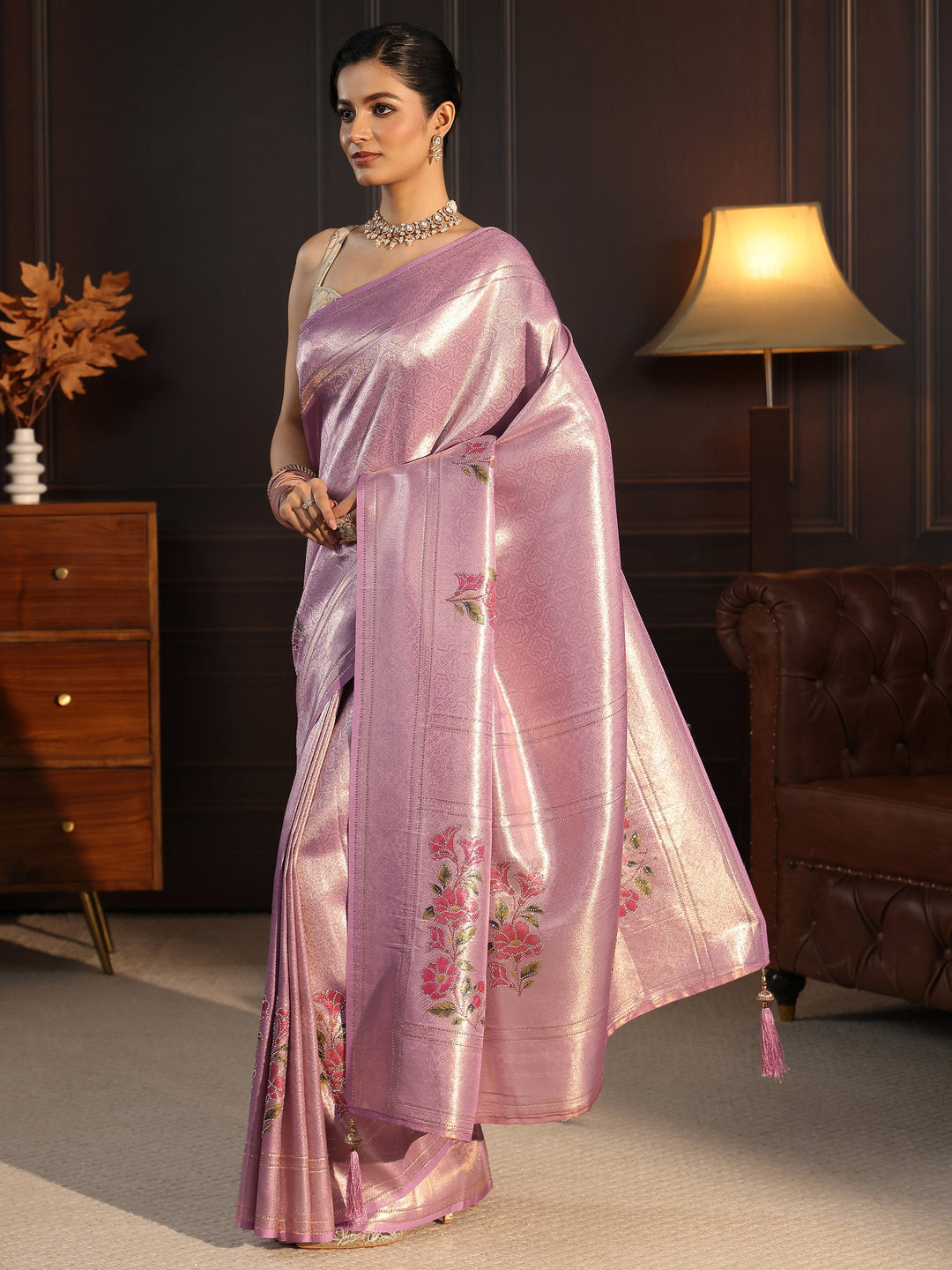 Libas Lavender Floral Woven Design Silk Saree with Stone Work