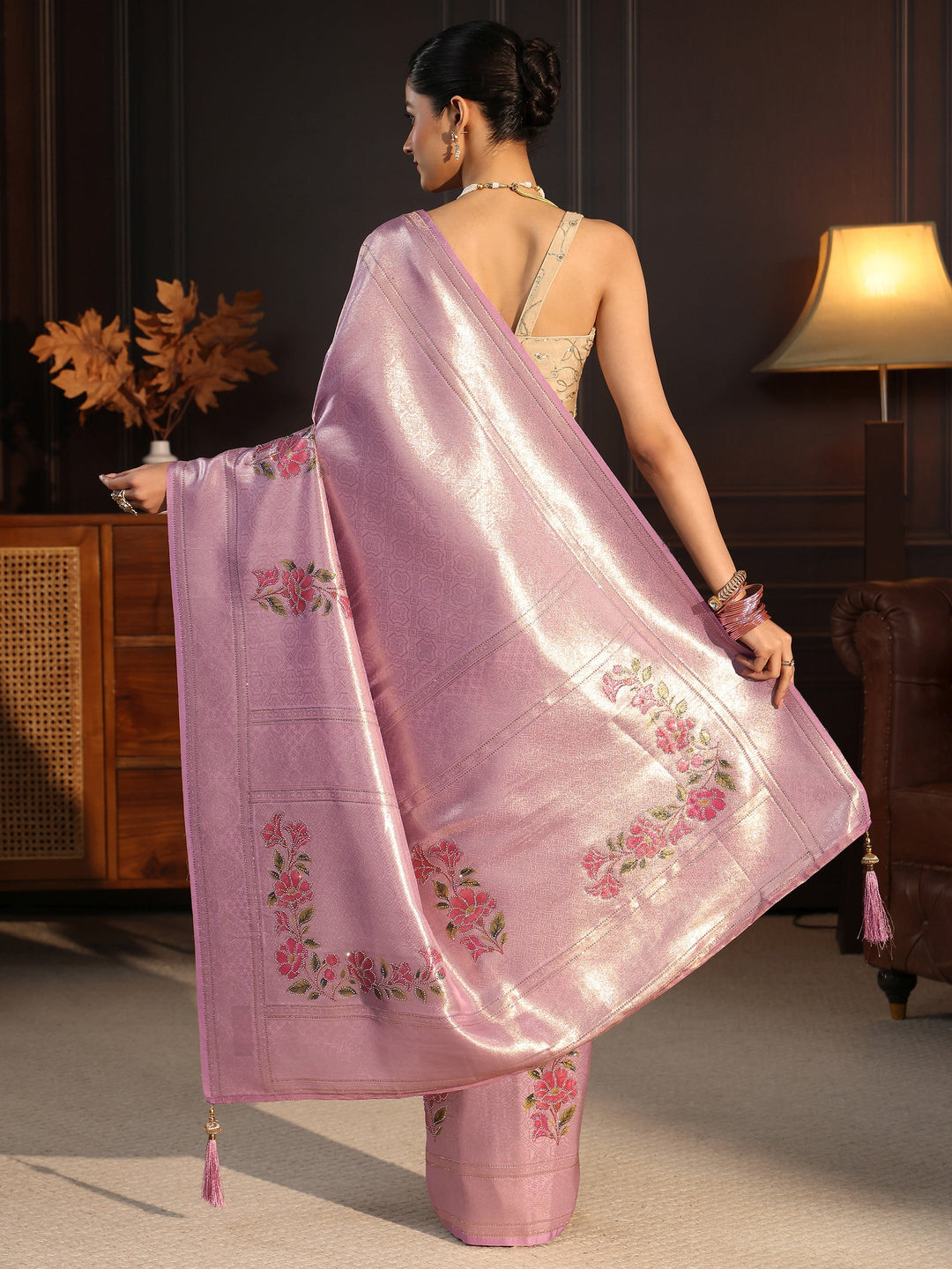 Libas Lavender Floral Woven Design Silk Saree with Stone Work