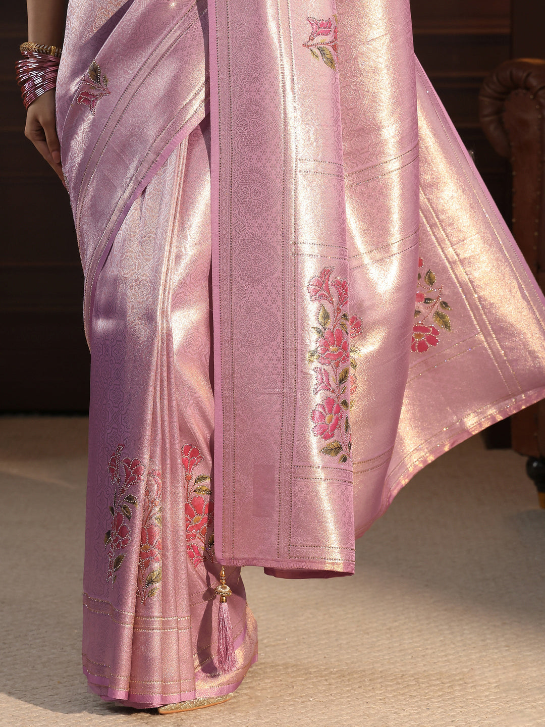 Libas Lavender Floral Woven Design Silk Saree with Stone Work