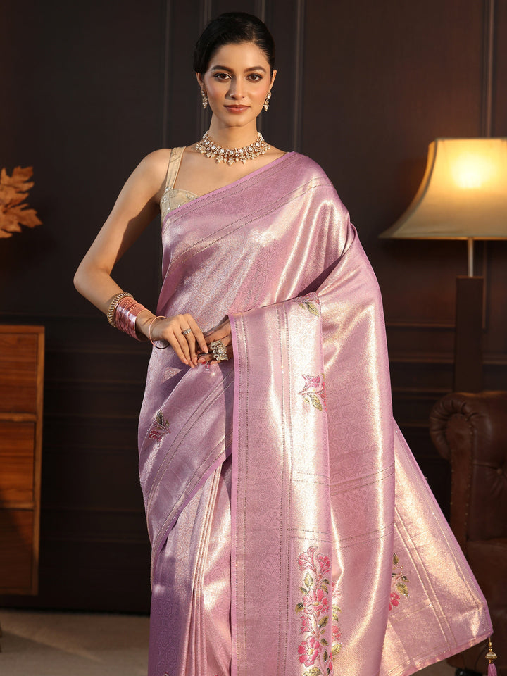 Libas Lavender Floral Woven Design Silk Saree with Stone Work