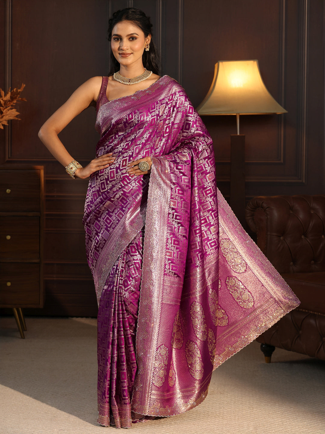 Libas Purple Floral Woven Design Silk Blend Saree with Stone Work