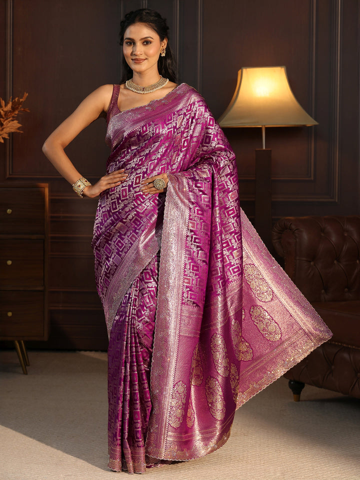 Libas Purple Floral Woven Design Silk Blend Saree with Stone Work