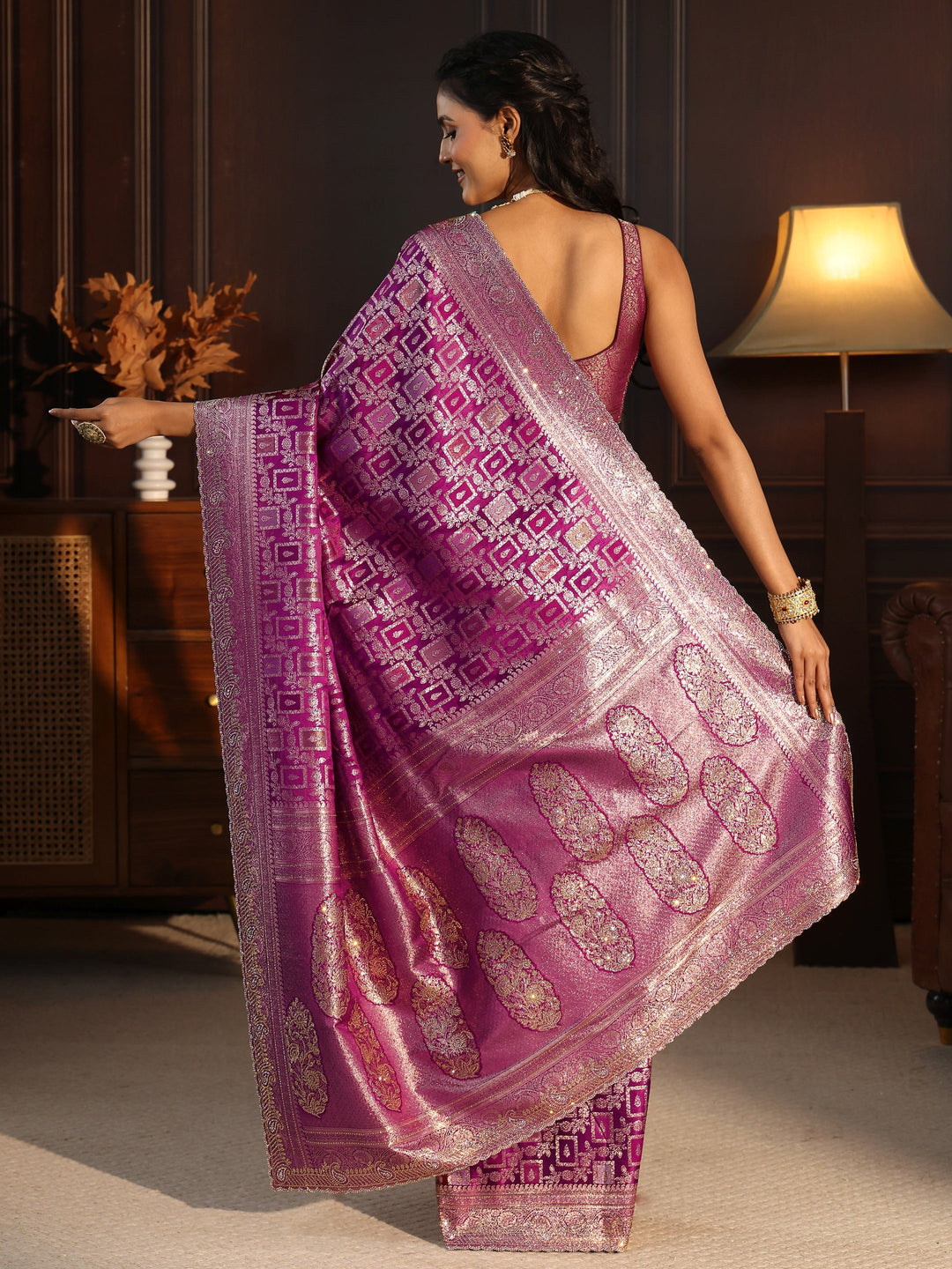 Libas Purple Floral Woven Design Silk Blend Saree with Stone Work