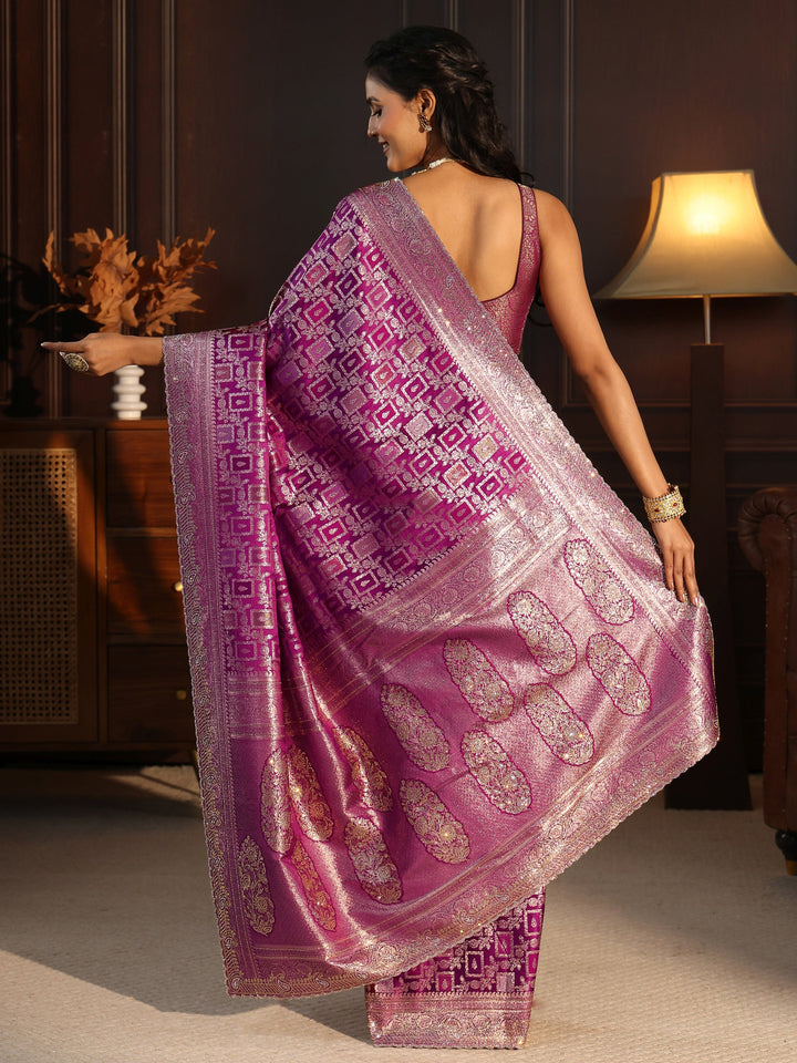 Libas Purple Floral Woven Design Silk Blend Saree with Stone Work