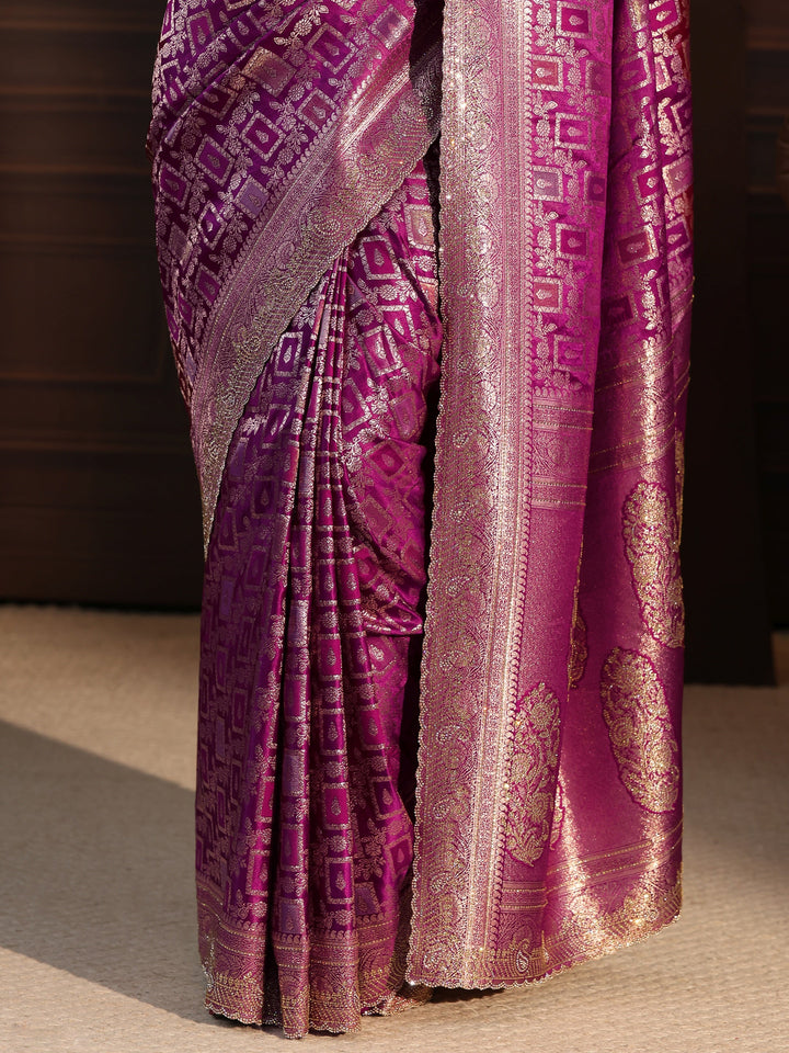 Libas Purple Floral Woven Design Silk Blend Saree with Stone Work