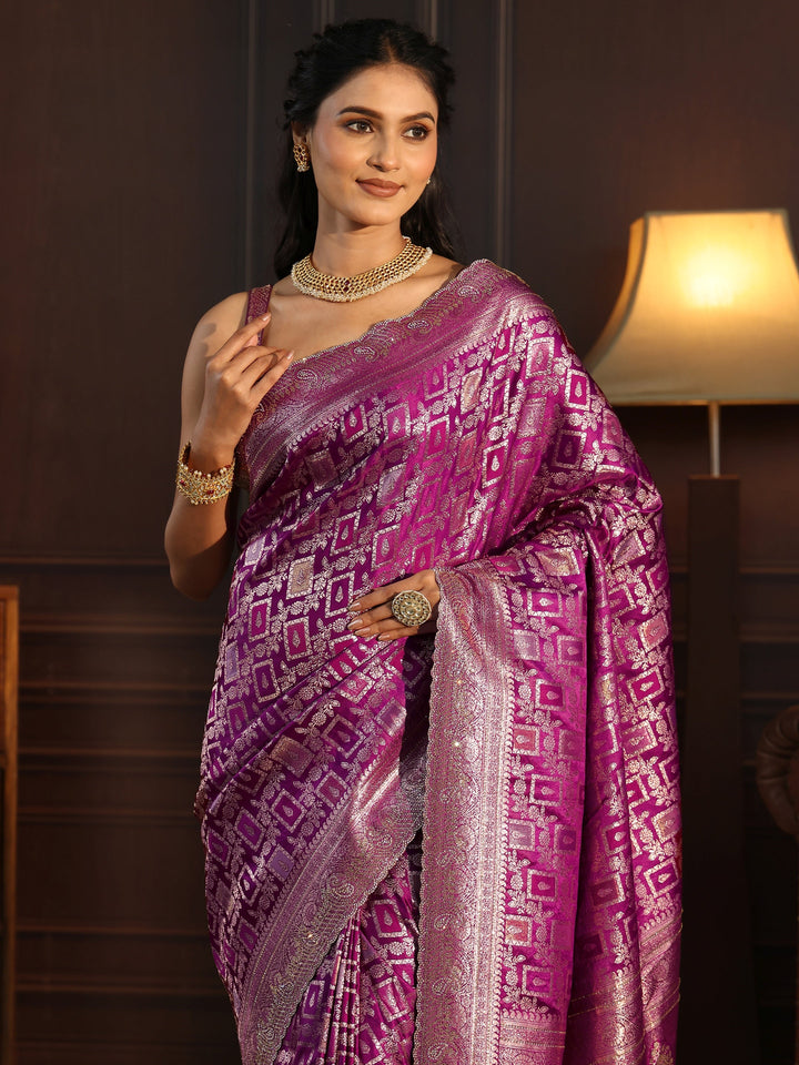 Libas Purple Floral Woven Design Silk Blend Saree with Stone Work