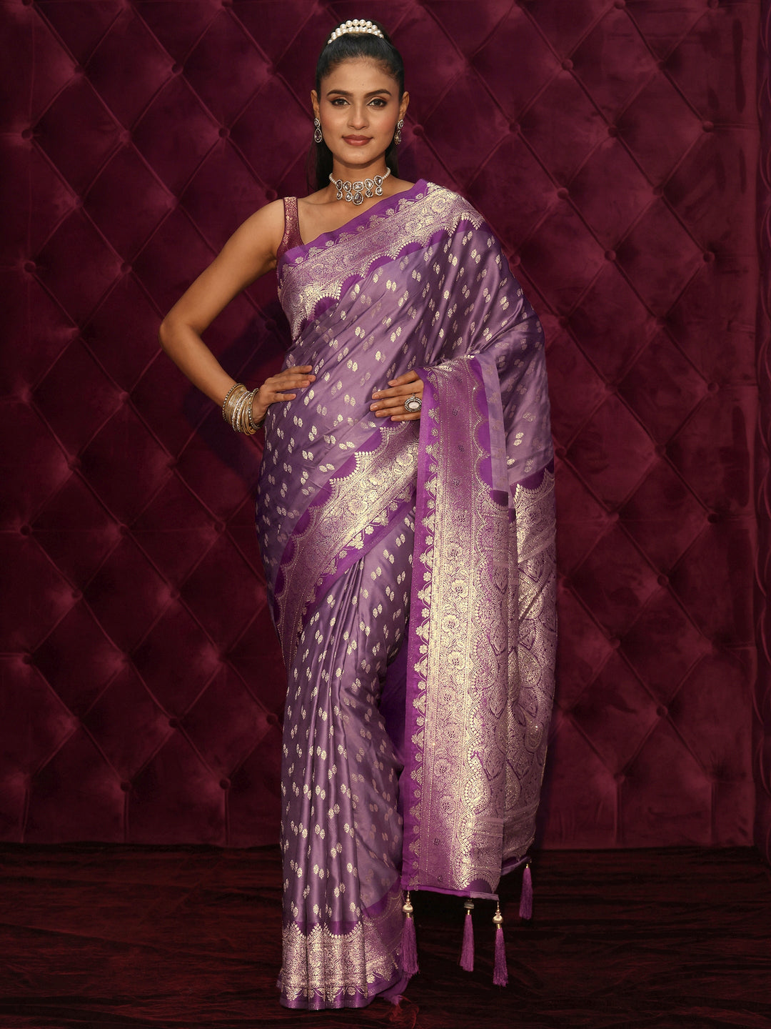 Libas Lavender Ethnic Woven Design Satin Tassel Saree