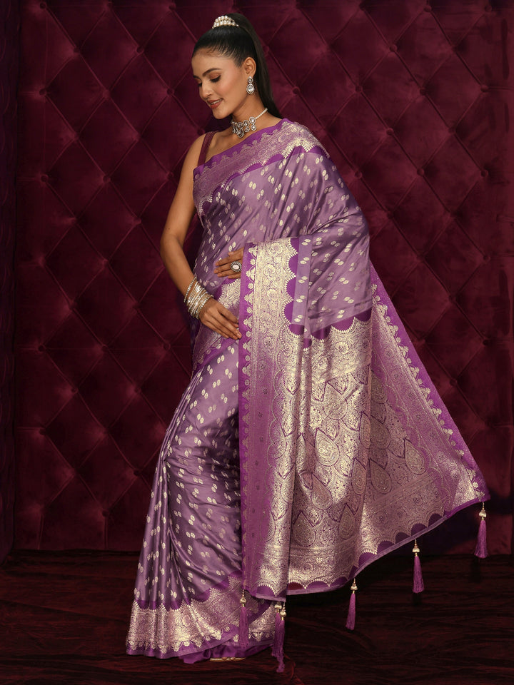 Libas Lavender Ethnic Woven Design Satin Tassel Saree