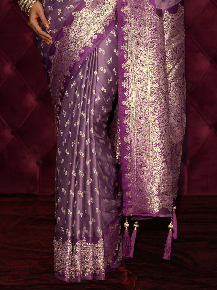 Libas Lavender Ethnic Woven Design Satin Tassel Saree
