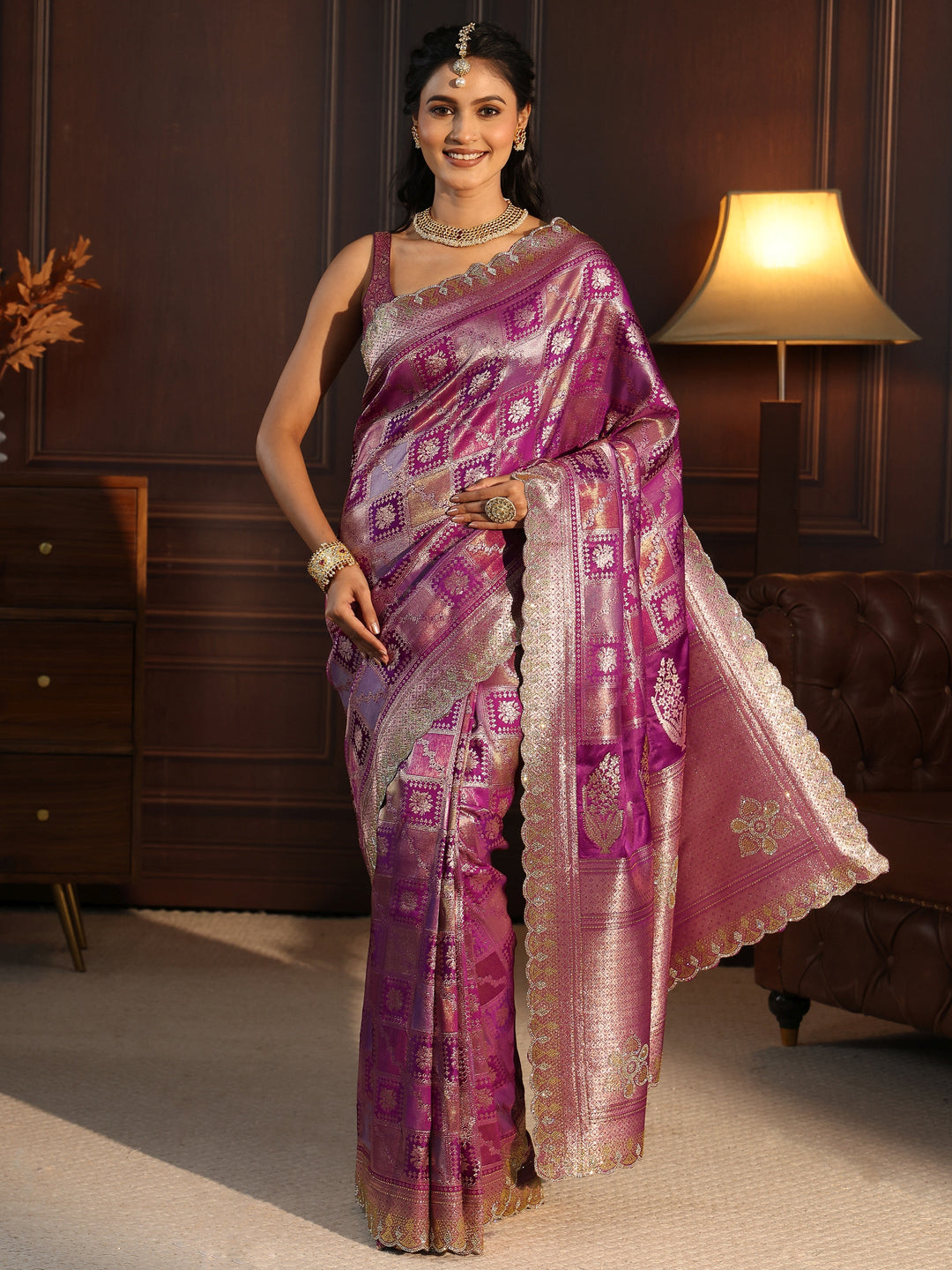 Libas Purple Woven Design Satin Saree with Scalloped Border