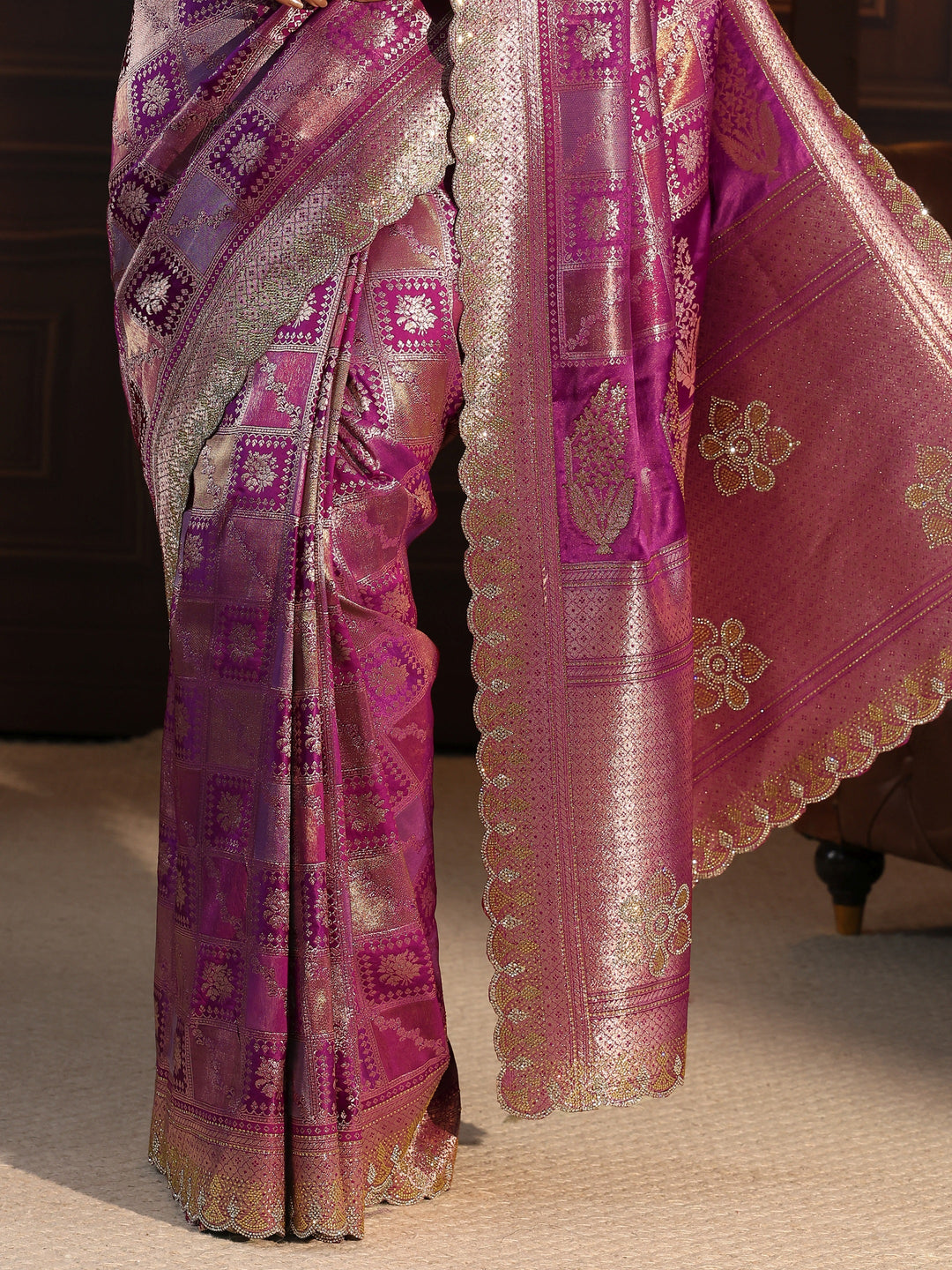 Libas Purple Woven Design Satin Saree with Scalloped Border