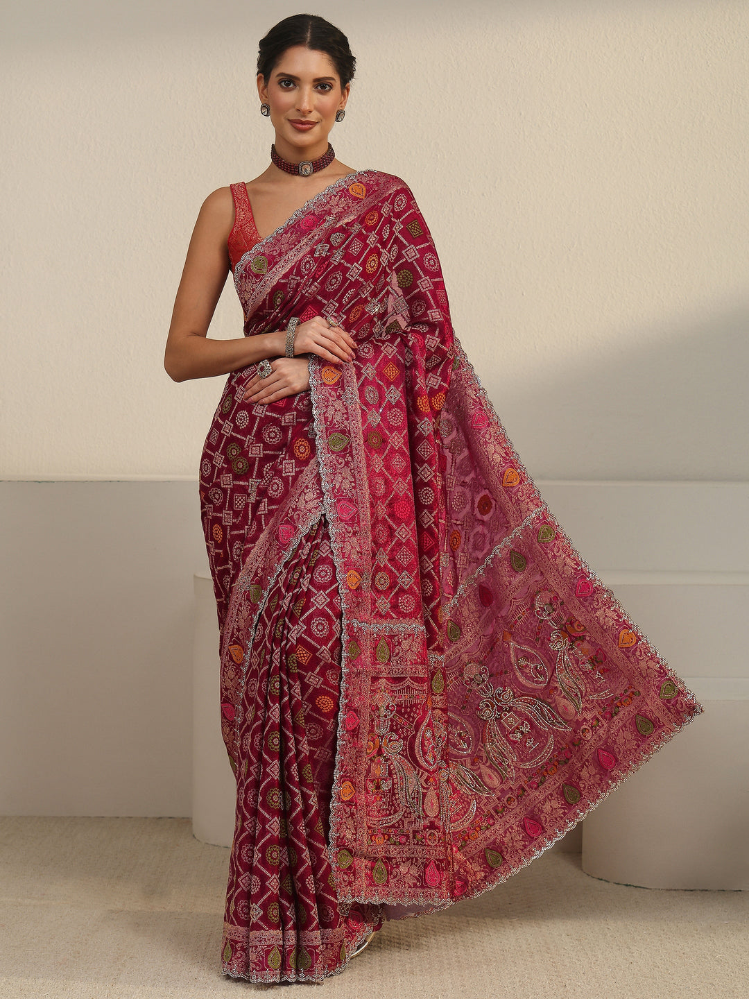 Libas Art Wine Bandhani Embellished Chiffon Saree