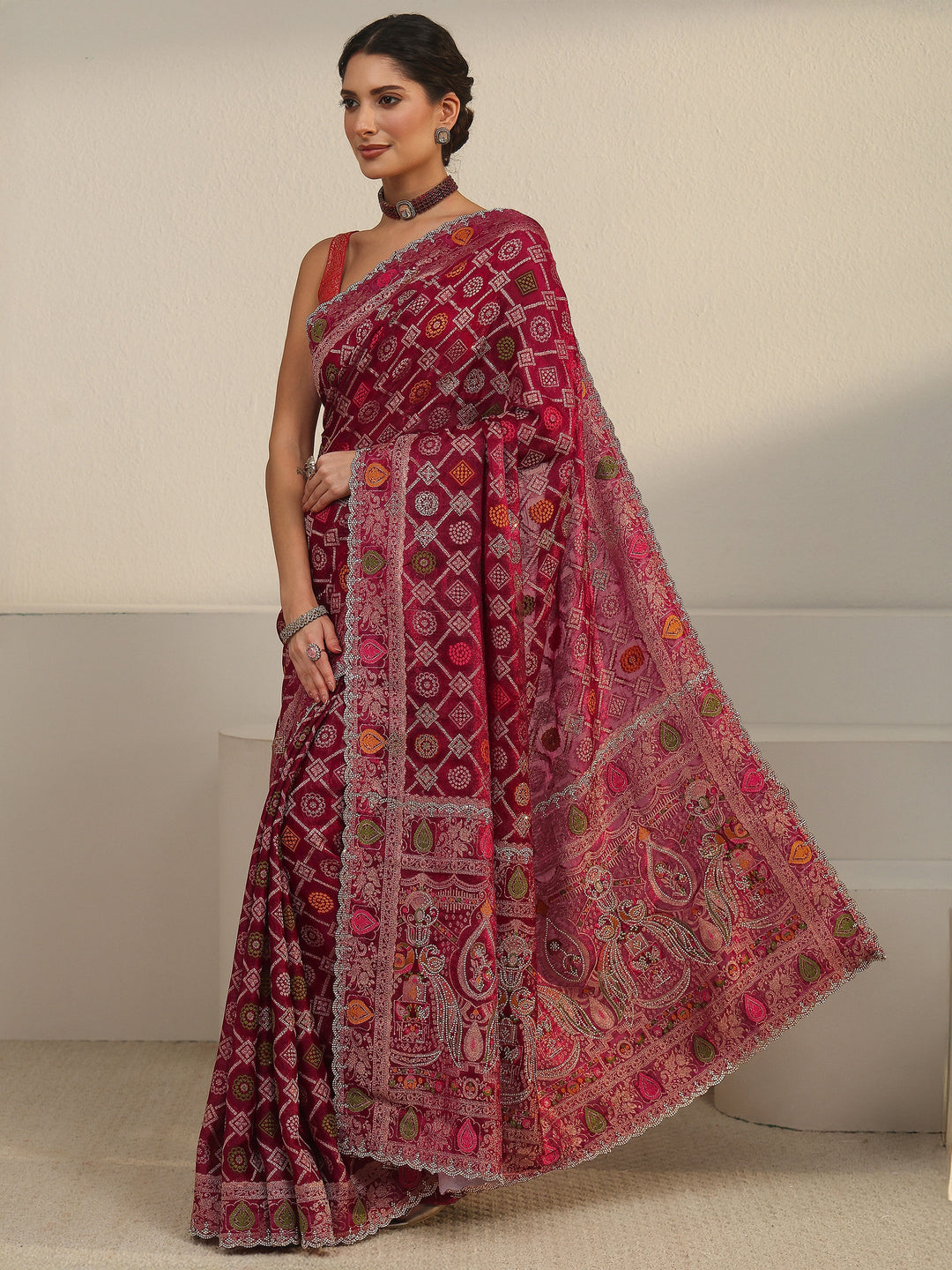 Libas Art Wine Bandhani Embellished Chiffon Saree