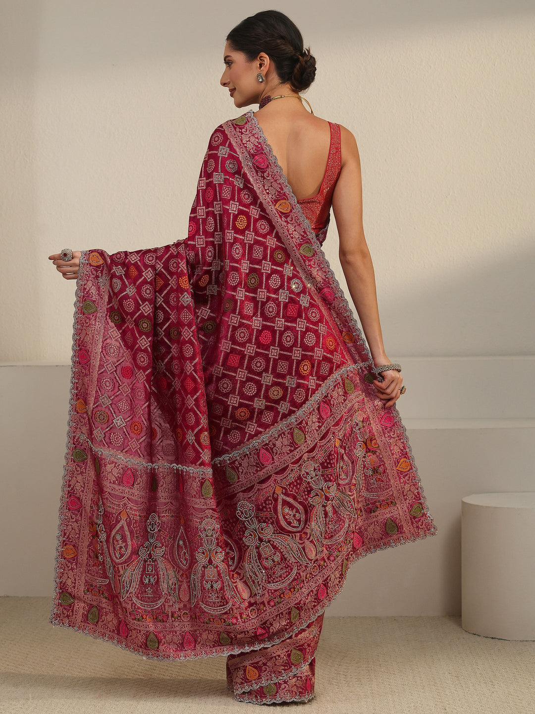 Libas Art Wine Bandhani Embellished Chiffon Saree