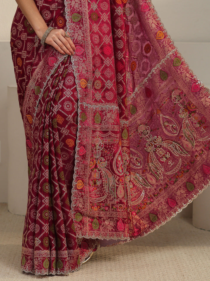Libas Art Wine Bandhani Embellished Chiffon Saree
