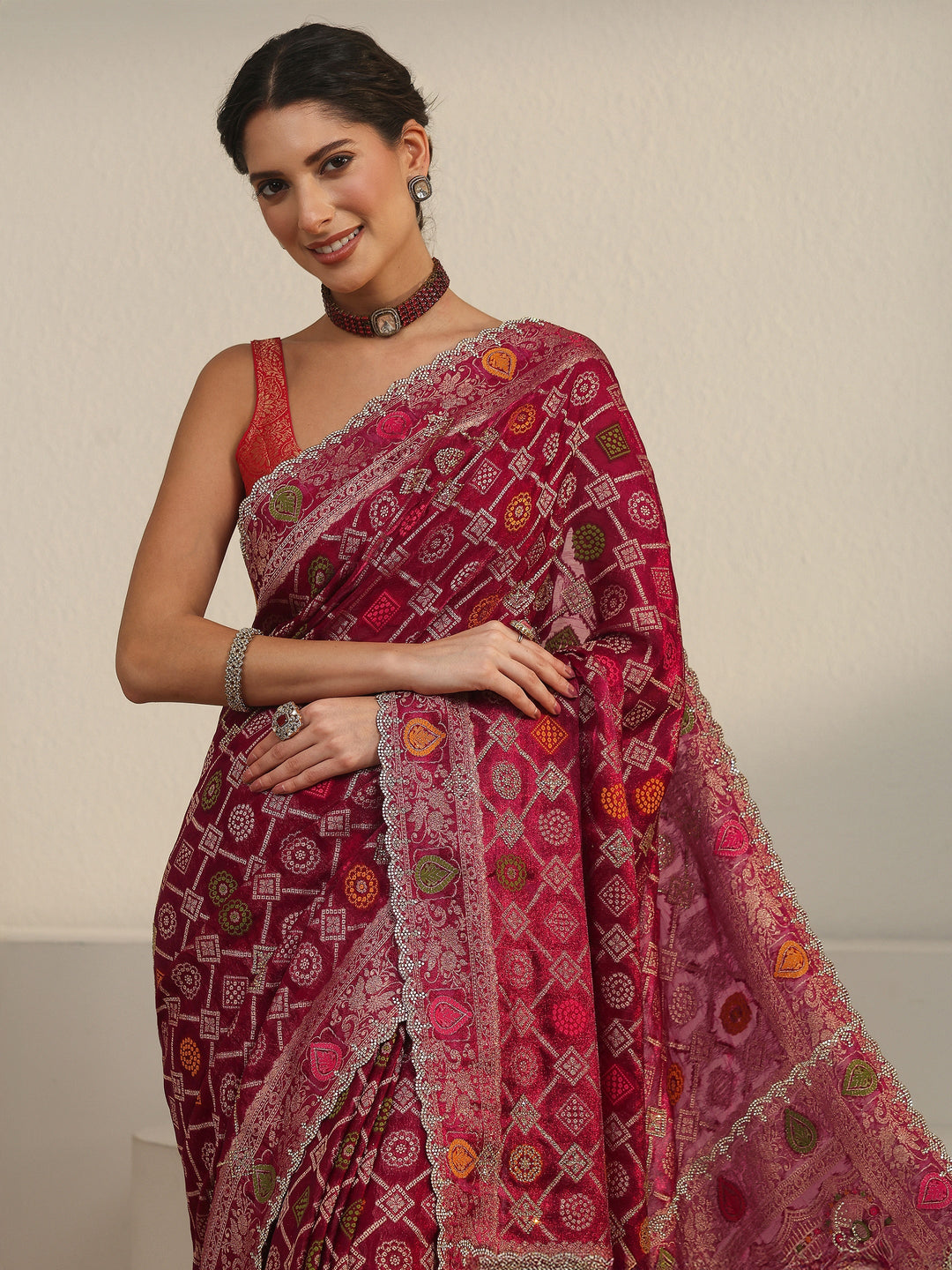 Libas Art Wine Bandhani Embellished Chiffon Saree