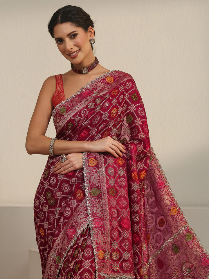 Libas Art Wine Bandhani Embellished Chiffon Saree