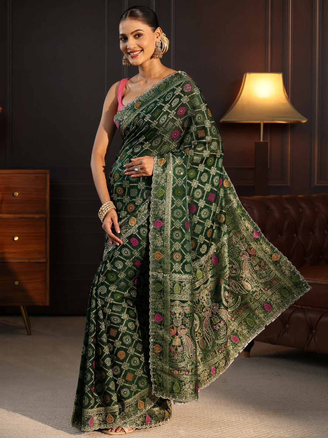 Libas Art Green Bandhani Stone Work Chiffon Saree