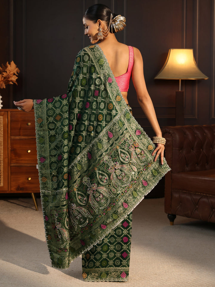 Libas Art Green Bandhani Stone Work Chiffon Saree