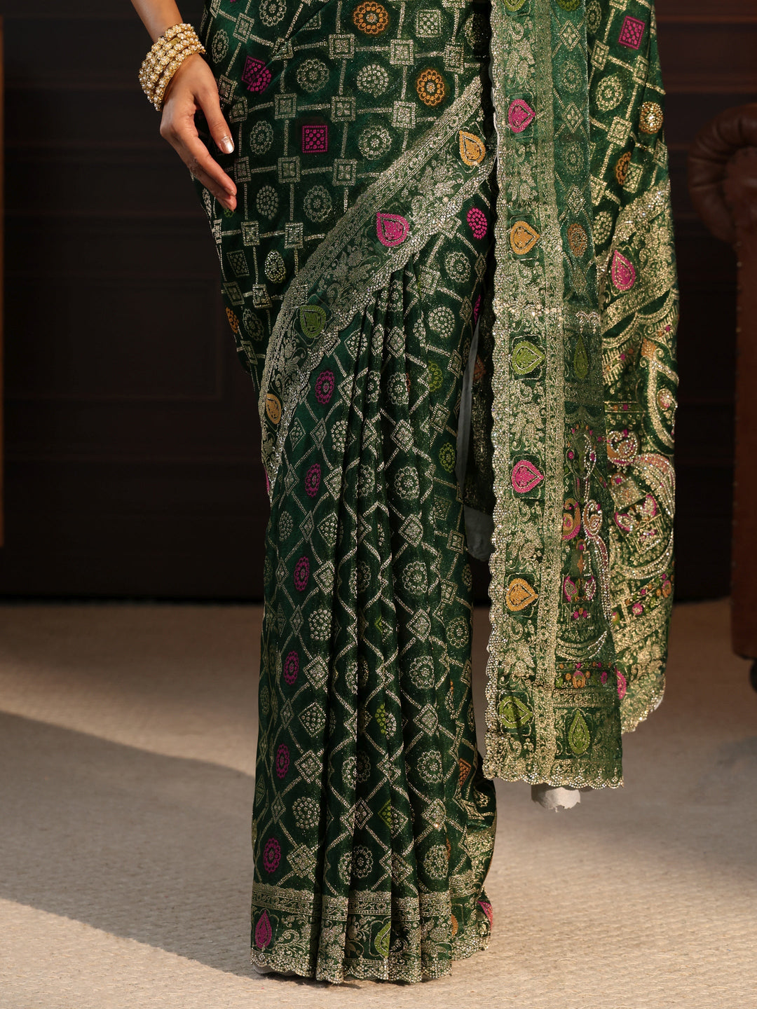 Libas Art Green Bandhani Stone Work Chiffon Saree