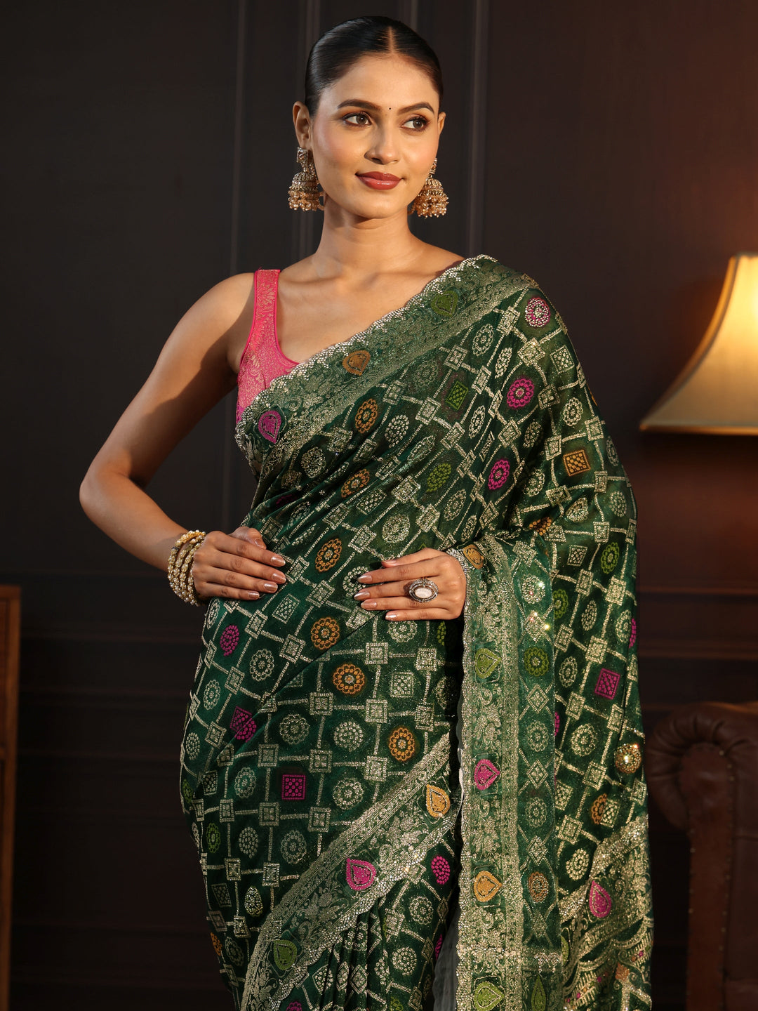 Libas Art Green Bandhani Stone Work Chiffon Saree