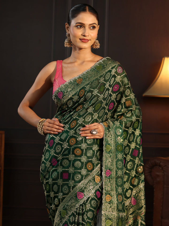 Libas Art Green Bandhani Stone Work Chiffon Saree