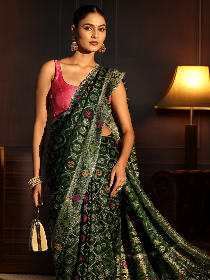 Libas Art Green Bandhani Stone Work Chiffon Saree