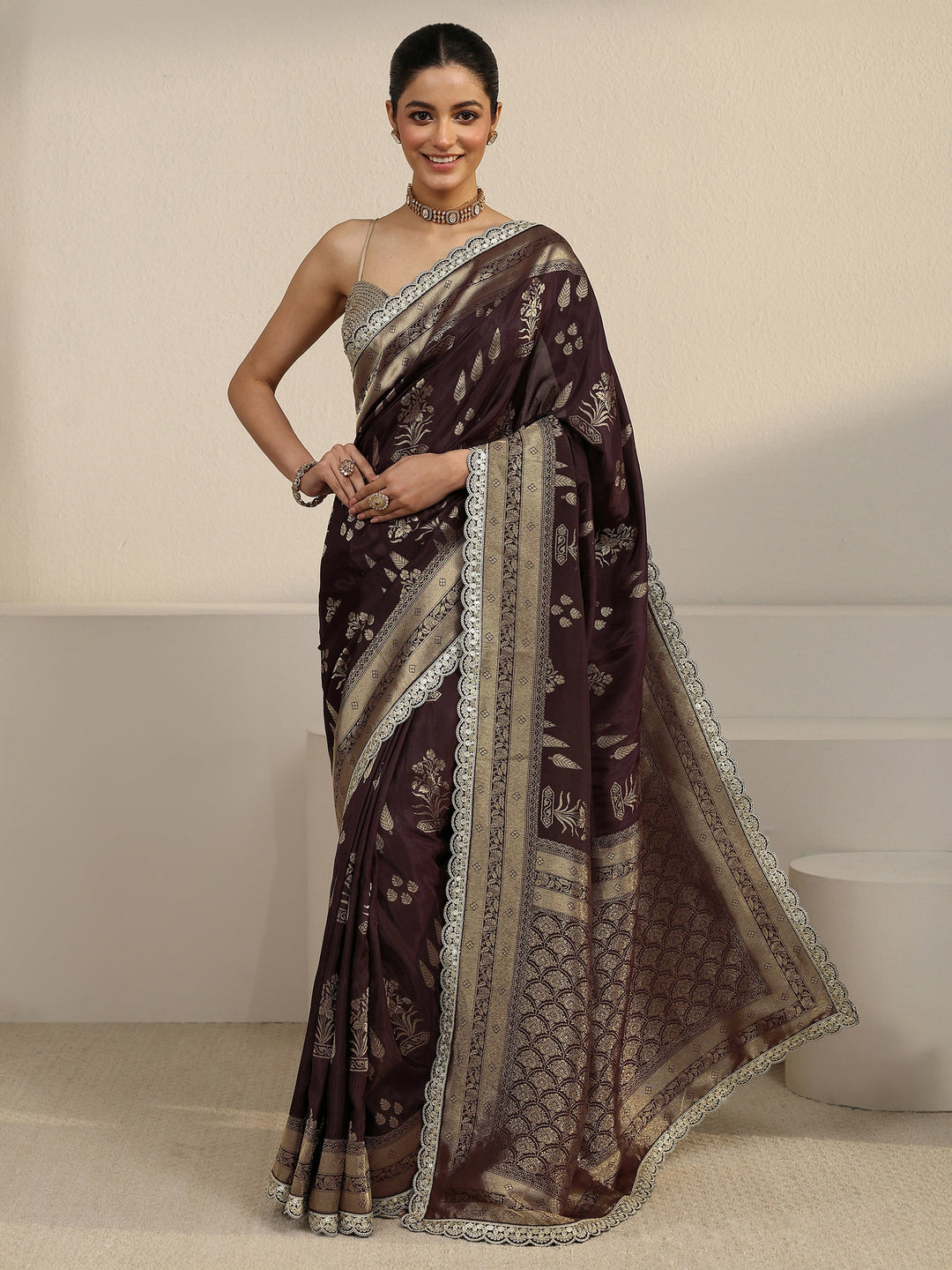 Libas Art Brown Floral and Leafy Woven Design Satin Saree