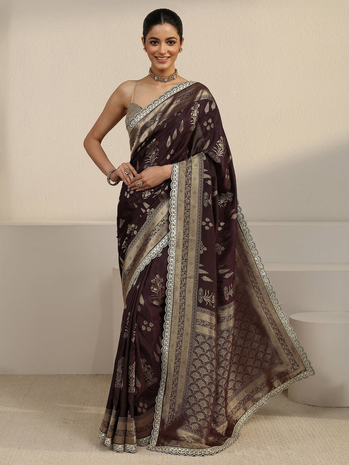Libas Art Brown Floral and Leafy Woven Design Satin Saree