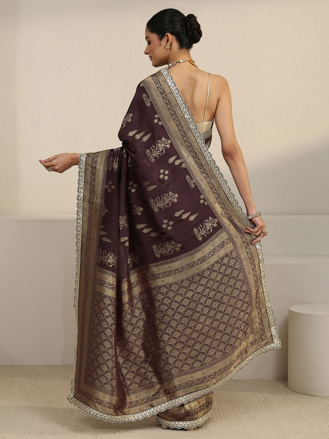 Libas Art Brown Floral and Leafy Woven Design Satin Saree